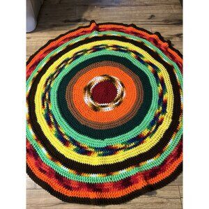 Vintage Round Crochet Granny  OR 70S Afghan BRIGHT COLORS COZY Blanket Throw 41'